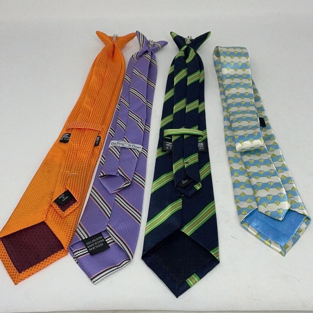 Lot of 4 Ties - 3 are clip on Orange, Purple/Pink, Blue/Green Sail Boat Blue